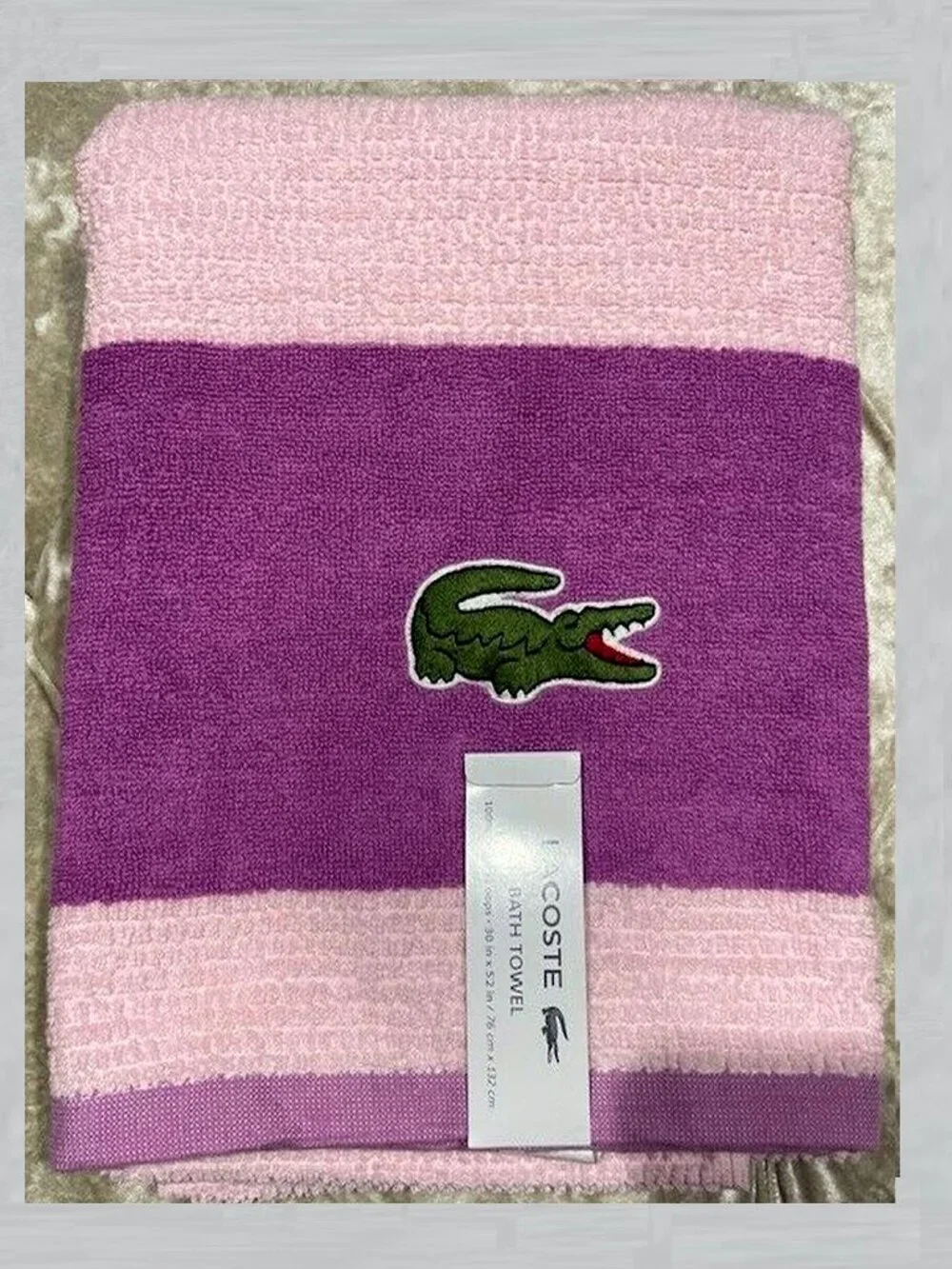 LACOSTE Big Crocodile Lavender Bath Towel Measures 30 x 52 Inches
